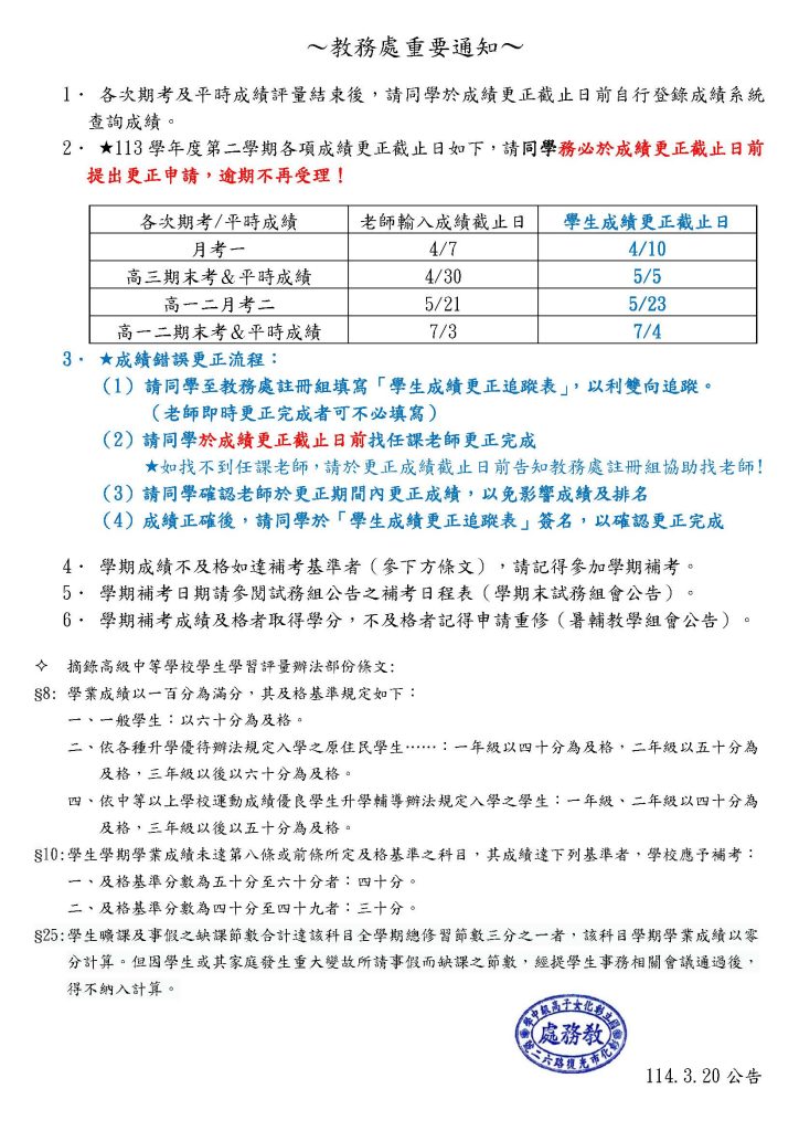 113學年度第二學期各項成績更正截止日