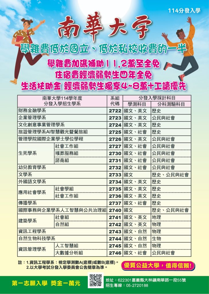 南華大學114分發入學資訊
