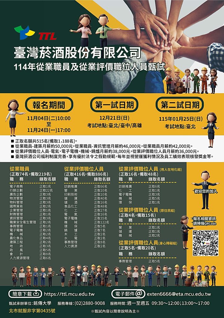 臺灣菸酒股份有限公司114年從業職員及從業評價職位人員甄試簡章