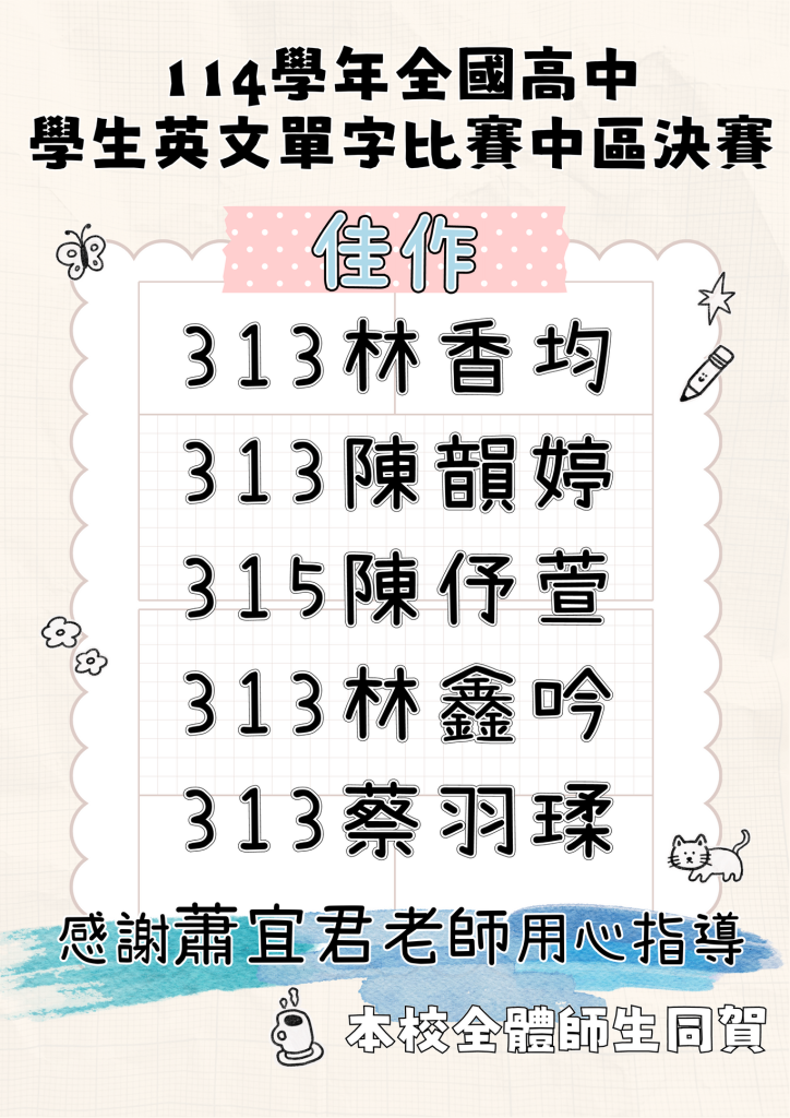 114學年度全國高級中等學校學生英文單字比賽中區決賽