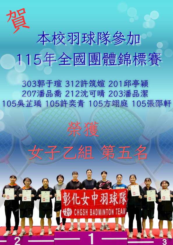 本校羽球隊參加全國團體錦標賽榮獲女子乙組第五名